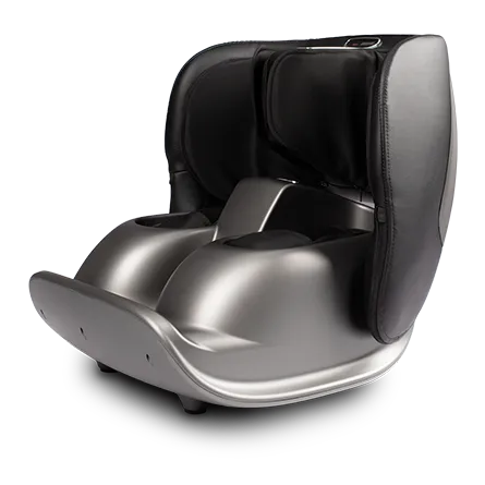 Appareil de massage pour les pieds Pedi Mass de couleur gris métal avec un rembourrage noir.